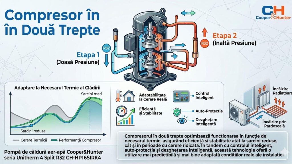 Compresor în două trepte pentru performanță adaptată cererii reale