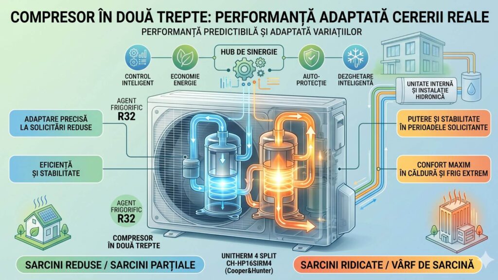 Compresor în două trepte pentru performanță adaptată cererii reale