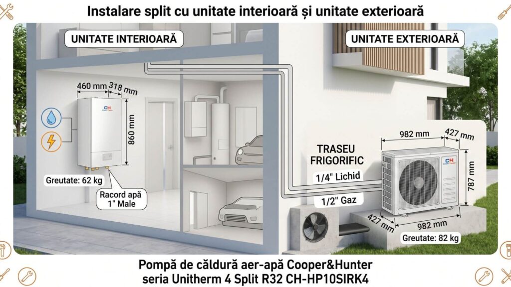 Instalare split cu unitate interioară și unitate exterioară