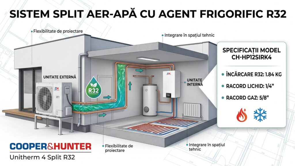 Sistem split aer-apă cu agent frigorific R32