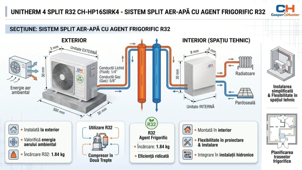 Sistem split aer-apă cu agent frigorific R32