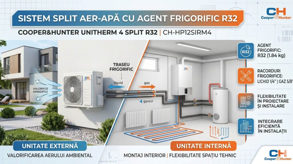 Sistem split aer-apă cu agent frigorific R32