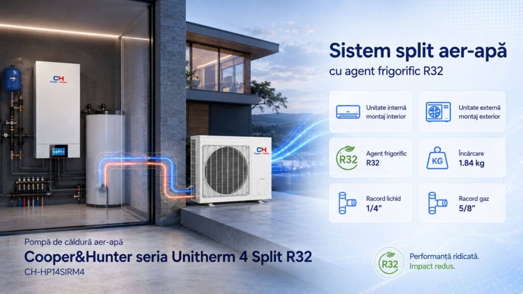 Sistem split aer-apă cu agent frigorific R32
