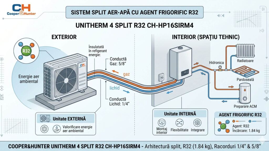 Sistem split aer-apă cu agent frigorific R32