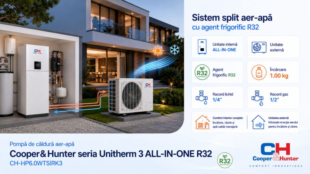 Sistem split aer-apă cu agent frigorific R32