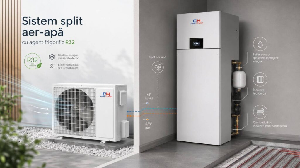 Sistem split aer-apă cu agent frigorific R32