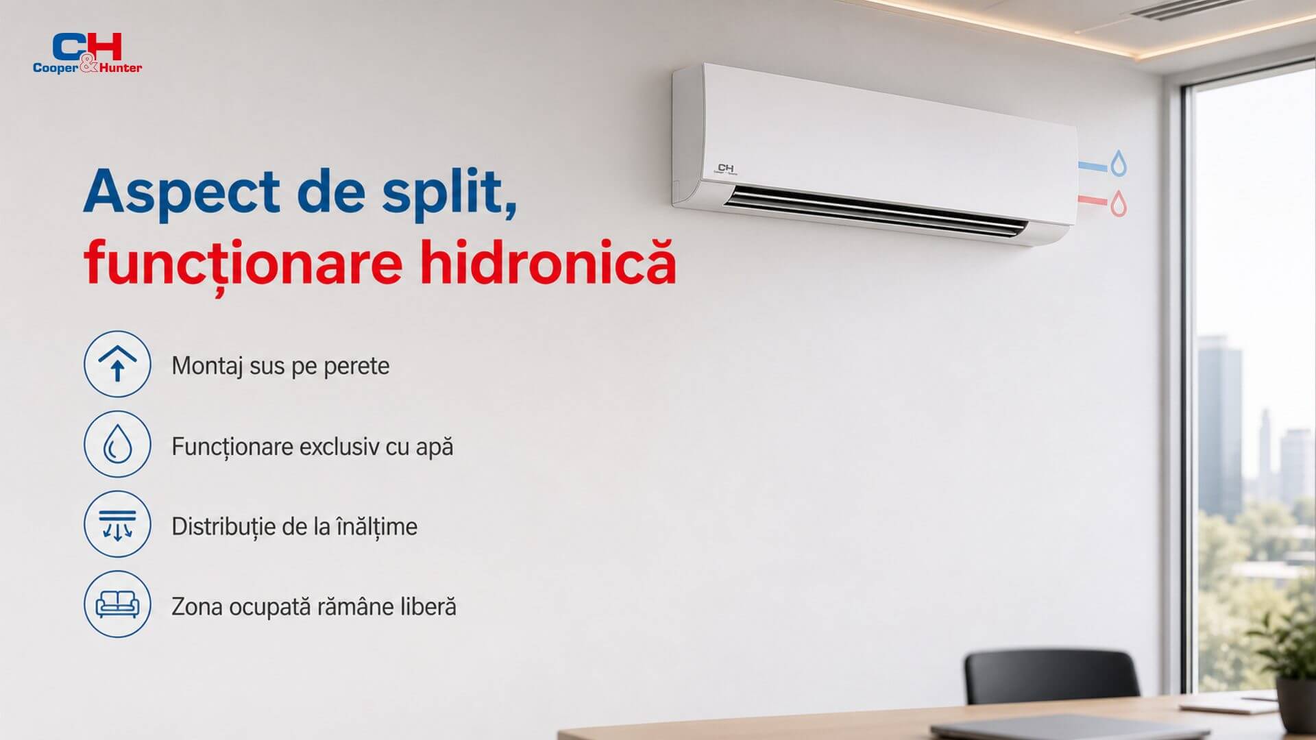 Aspect apropiat de un split, funcționare exclusiv hidronică