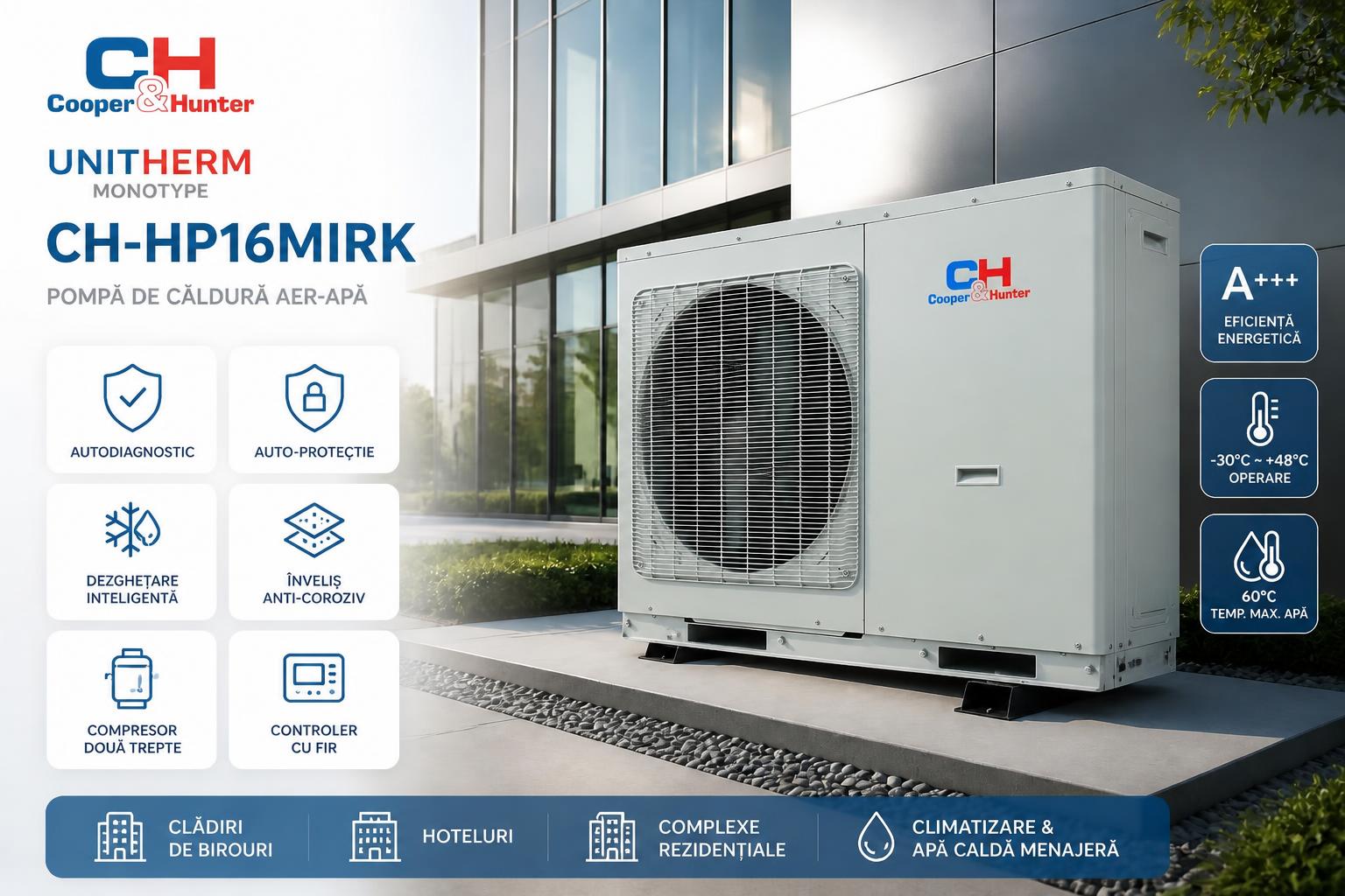 Sistem monobloc aer-apă pentru instalare organizată și integrare eficientă