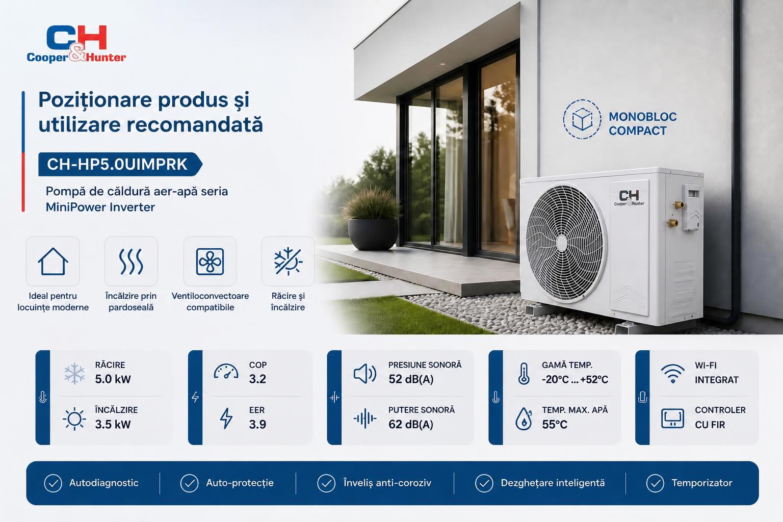 Pompă de căldură aer-apă monobloc pentru aplicații rezidențiale